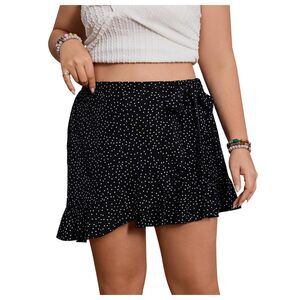 4108 Plus Size Wrap Tie Side Polka Dots Ruffle Trim Summer Skirts Black 4XL